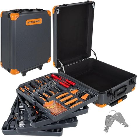 Coffret d'outils de 1000 pièces avec mallette en aluminium et rangements.