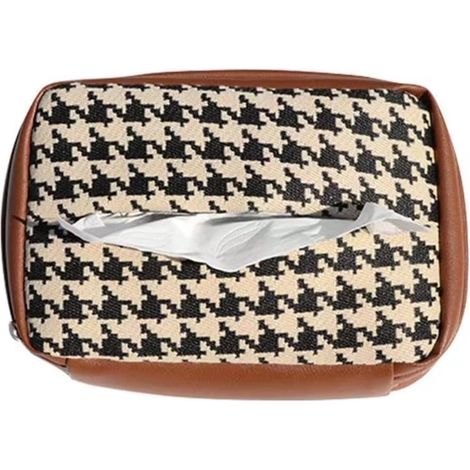 Caja de pañuelos de coche Patchwork Ice Silk de piel a cuadros, caja multifuncional premium (Caja de pañuelos a cuadros Thousand Birds - Marrón)