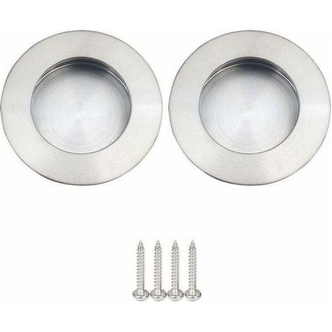 Lot de 2 Poignées Rondes Encastrables pour Porte Coulissante Acier Inoxydable Poignée Porte Coulissante Ronde Brossé Satiné -Argent (1/4)