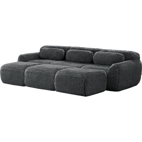 3-Sitzer-Modulares Sofa aus grauem Teddy-Stoff mit 3 Hockern (1/5)