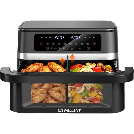 Freidora de aire caliente, capacidad de 12 litros, potencia de 2950 W, diseño de doble cuba, rango de temperatura de 80 a 200 ℃, rango de temporizador de 0 a 60 minutos. (1/5)
