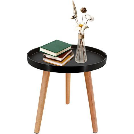 Petite Table d'Appoint, pour Salon, Chambre, Bureau, Petite Table d'Appoint pour Petits Espaces, avec Pieds en Bois Naturel, 40cm (Noir) (1/4)