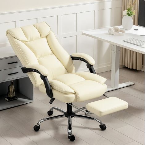 Ergonomischer Bürostuhl mit Fußstütze, 155°-Lehne, beiges und schwarzes Kunstleder HAVRYA (1/4)