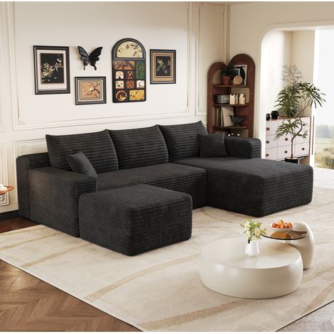 Divano angolare a L 241 cm in velluto a coste nero, seduta profonda, senza montaggio HAVRYA (1/5)