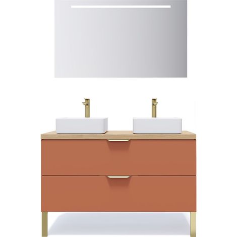 Meuble de salle de bain suspendu 2 vasques à poser 120cm 2 tiroirs Terracotta + miroir - Venice (1/5)