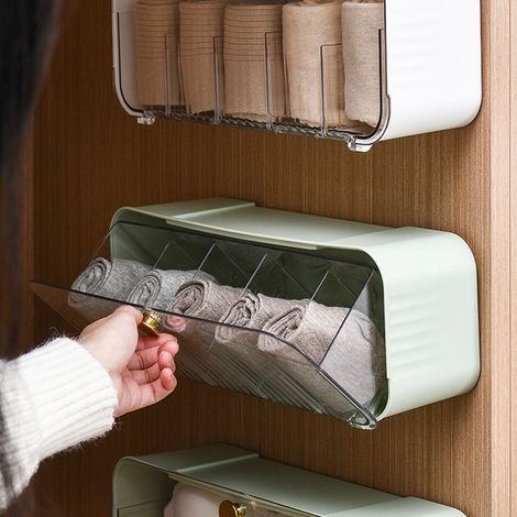 Boîte de rangement murale multifonctionnelle transparente à 6 compartiments pour chaussettes et sous-vêtements, blanche. (1/5)