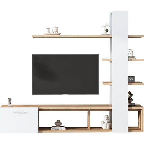 Ensemble mural salon 180 × 33,5 × 151,5 cm pour téléviseurs jusqu’à 60 pouces, meuble TV chêne blanc moderne, lowboard et ensemble de meubles de salon (1/5)
