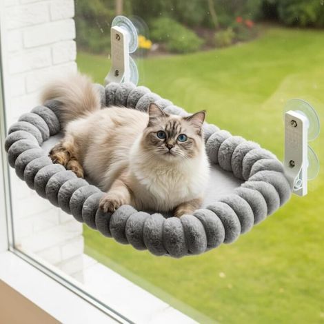 Hamac Chat Fenetre avec 4 Ventouses, Perchoir Chat Fenetre, Lit Peluche Pliable et Réversible, Cadre Acier Épais Solide, Facile à Démonter, Supporte jusqu'à 18kg, M(52x30cm), Gris (1/5)