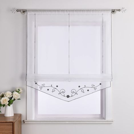 Store Romain Transparent avec Broderie de Fleurs et Plis, décoration intérieure pour fenêtres, Cuisine, Salon Gris LxH 100x140cm (1/5)