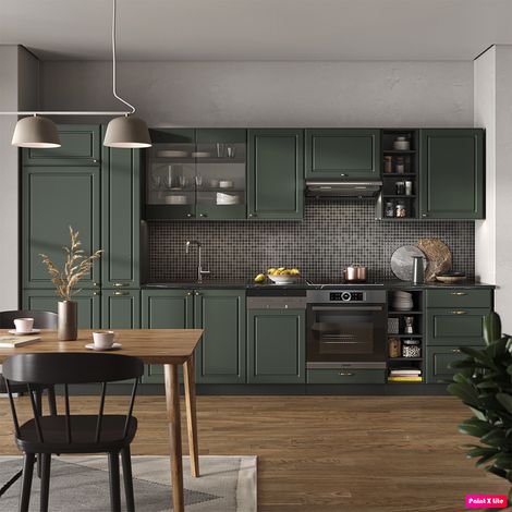 Mueble de cocina Fame-Line, Verde-Dorado Casa de campo/Antracita, 355 cm , ET Mármol, Vicco
