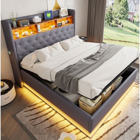 MEUBLIV Polsterbett 160x200 cm Grau – LED-Beleuchtung, Stauraum, ohne Matratze (1/5)