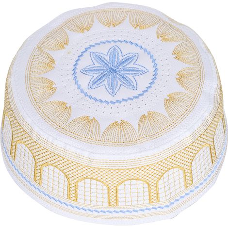 Chapeau musulman brodé pour la prière et le culte islamiques, Arabie Saoudite, couvre-chef pour homme en polyester et coton jaune (1/5)