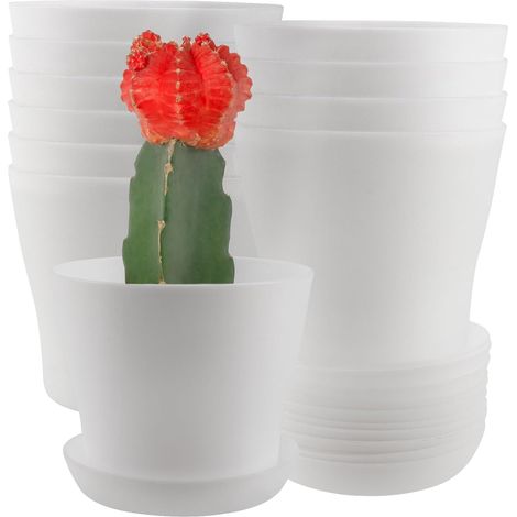 Lot de 10 Pots de Fleurs en Plastique avec Soucoupe - 9,5 cm - Blanc - pour Plantes Succulentes, Cactus et Petites Plantes - Intérieur et Balcon (1/5)
