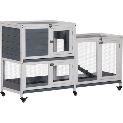 Clapier intérieur bois avec roulettes 2 étages rampes - dim. 147L x 45,5l x 88,5H cm - gris et blanc (1/5)