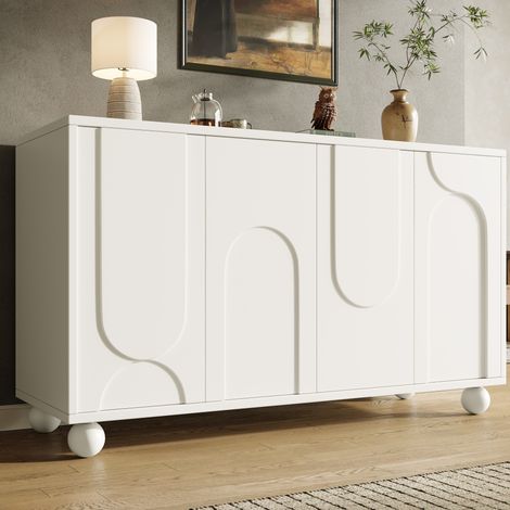 Aparador de MDF blanco y crema con patas de pino, estante ajustable y sistema antivuelco, 120x35x71 cm (1/5)