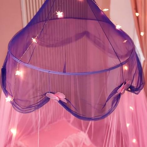 Ciel de lit princesse pour filles (sans lampe) Moustiquaire universelle pour lits simples, doubles et très grands lits Rideaux simples à suspendre pour chambre d'enfant (style violet et (1/4)