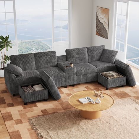 Graues Cord-Sofa in U-Form mit 2 Hockern, Tisch und USB HAVRYA (1/5)