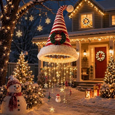 CLustre suspendu en forme de chapeau de Père Noël lumineux, lumière LED chaude de Noël, décoration de suspension conique à paillettes avec pompon en forme d'étoile et carillon, éclairage de Noël pour  (1/5)