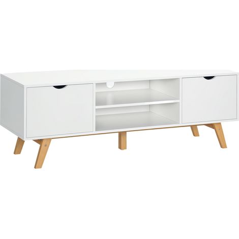 Meuble TV 65 pouces. avec 2 placards. 2 étagères ouvertes et pieds en bois. 150 x 39 x 50 cm. blanc (1/5)