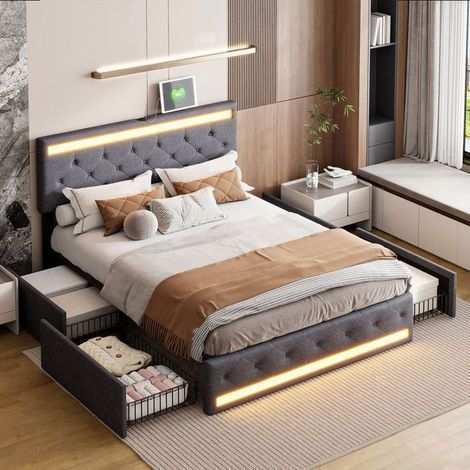 Lit 180x200 Lin Gris - 4 Tiroirs - LED Tête et Pied - USB - Sommier Lattes Inclus (1/5)