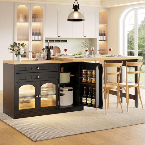 Table de bar Îlot central extensible 120-194 cm avec plateau rotatif 360°, table de cuisine avec rangements, MDF noir (1/5)