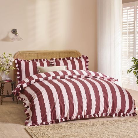 Jeu De Housse De Couette Réversible À Volants Coton Riche Rayé Literie Bourgogne Fleur 230x220cm (1/5)