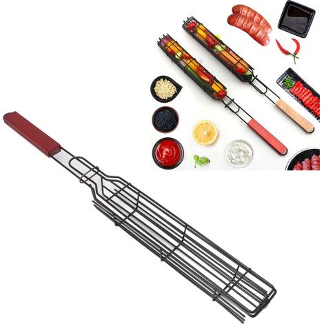Panier de grillades Kabob en fer avec manche en bois et thermomètre de cuisine - Grille barbecue lockable pour légumes, saucisses et viande (1/5)