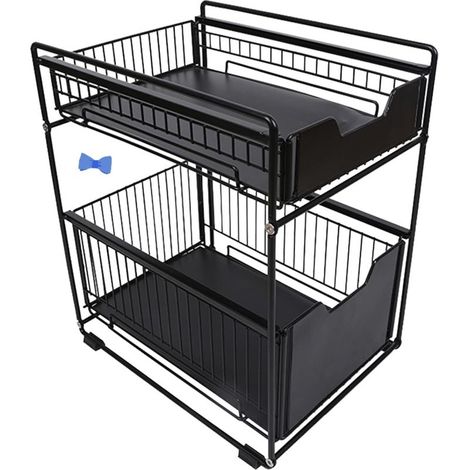 Under Sink Storage with 2 Levels, Kitchen Organizer, Under Sink Shelf, Spice Rack, Metal Sliding Storage Basket for Kitchen, Bathroom, Bedroom (Black-1PC) (1/5)