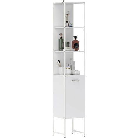 White Bathroom Tower Cabinet with Adjustable Open Shelves (1/5)