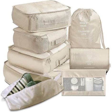 Ensemble de 8 organisateurs pour valises, sacs de rangement, cubes de rangement, sacs de voyage, cadeaux beige (1/5)