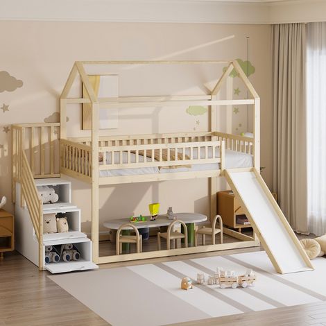 Letto a castello 90x200 cm - letto per bambini con scivolo e scaletta portaoggetti - con 1 rete - in legno massello - Legno Naturale