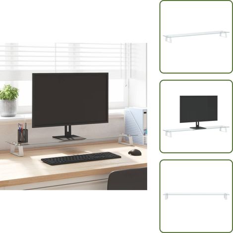 The Living Store Support de moniteur blanc 100x20x8 cm verre trempé et métal - Support Ordinateur - Support Écran - Support Moniteur - Stand Informatique - Ergonomie Bureau (1/5)