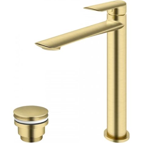Mitigeur lavabo avec bec haut et garniture de vidage (bouchon) or brossé (1/3)