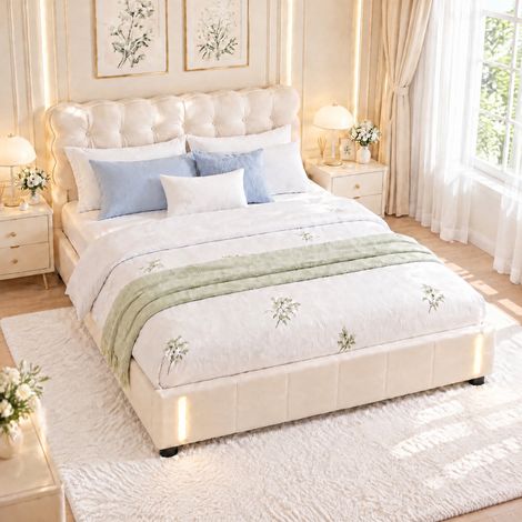 Lit Coffre rembourrée 140x200 beige, avec sommier, rangement hydraulique, éclairage à induction au pied du lit, Velours -scandinave (1/5)