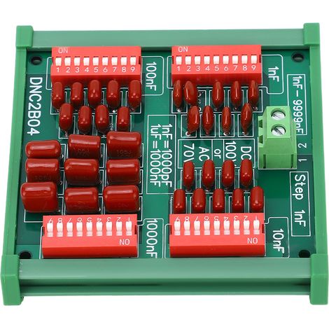 Condensateur programmable 1 nF par pas de 4 chiffres (décade) avec film polypropylène, 100 V CC / 70 V CA, référence DNC2B04, avec rail. (1/5)