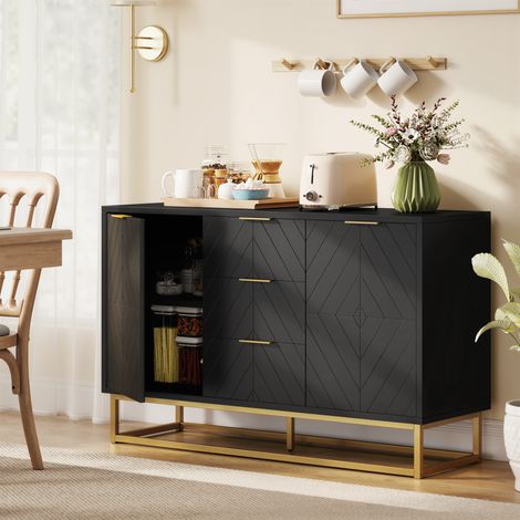 Buffet design contemporain graphique 2 placards porte étagères réglables 3 tiroirs coulissants en bois noir métal doré (1/5)