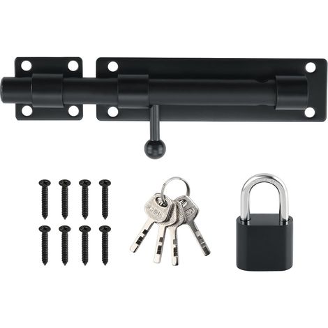 Loquet Porte Exterieur Verrou Porte Coulissante avec Cadenas et 4 Clés, Verrou Portail Robuste en Acier Inoxydable, 230MM Longueur, Noir Mat, EMST8100-B