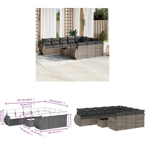 Salon de jardin 11 pcs avec coussins gris résine tressée - Ensemble Salon De Jardin - Mobilier De Jardin - Salon D'extérieur - Résine Tressée - Rotin Synthétique - Home & Living (1/3)