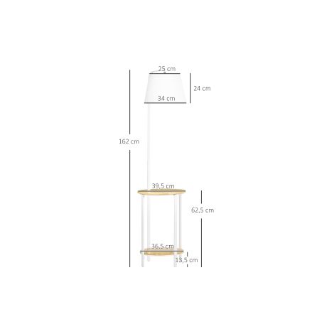 Lampadaire blanc en métal de 162 cm et 40 W avec deux étagères et abat-jour en lin pour salon et chambre
