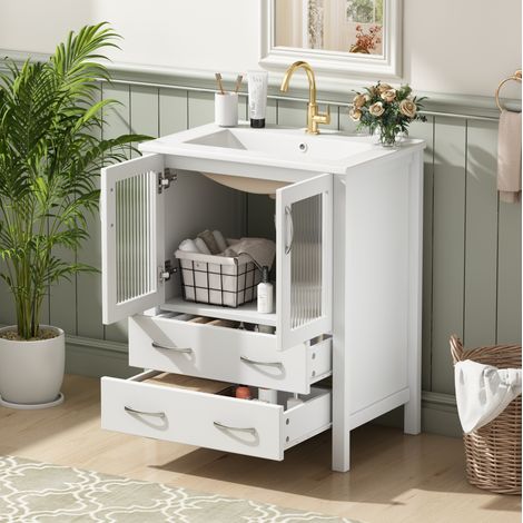 Mueble de baño independiente de 61 cm con lavabo de cerámica, 2 cajones, puerta de cristal ranurado, MDF blanco brillante (1/5)