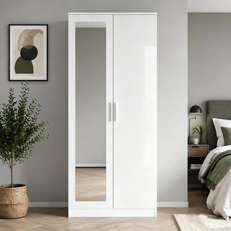 ELEGANT Wardrobe 2 Doors High Gloss Bedroom Storage Furniture with Shelf and Hanging Rail White with Mirror (1/5)
