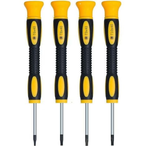 Lot de 4 tournevis de précision Torx magnétiques de sécurité avec tournevis Torx T6, T8, T9, T10, kit d'outils de réparation pour ordinateurs portables et autres appareils (jaune) (1/5)