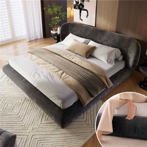Lit Double 140 x 200 cm Tête de Lit rembourrée cadre en bois revêtement en chenille doux la peau mousse hautement élastique gris (1/5)