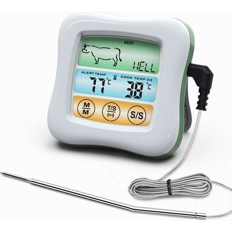 Termómetro digital carne LIFCAUSAL Sonda impermeable 6,6cm Pantalla táctil LCD color retroiluminada Temporizador cuenta regresiva/inicio Para ahumadores, hornos, barbacoas