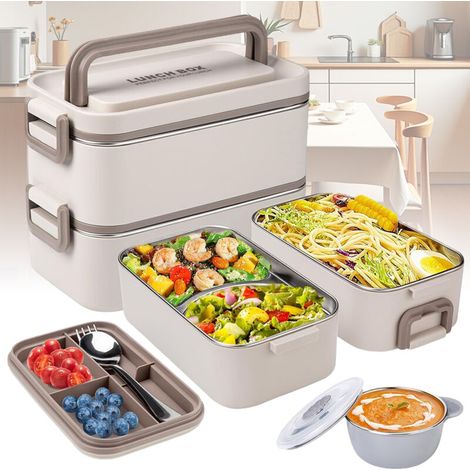 Boîte à bento empilable, boîte à lunch empilable de 2 litres, boîte à lunch portable en acier inoxydable étanche à 3 couches, boîte à collation Lunchable avec 4 compartiments (beige)