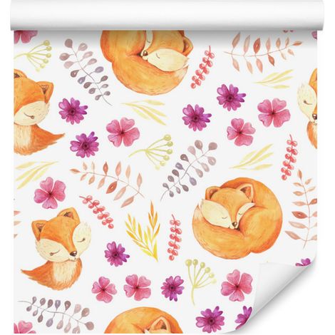 Carta da parati con piccole volpi e fiori per soggiorno e camera da letto 50x1000 cm (1/5)