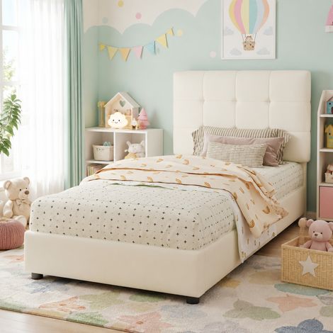 Polsterbett (206x94.5x101 cm), cabecero con forma de galleta, respaldo acolchado, PU, hierro, beige (1/5)