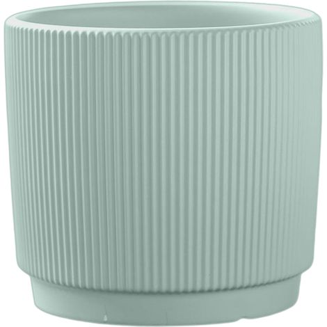 Pot de fleurs en céramique avec soucoupe intégrée, design cylindrique, hauteur 11,5 cm, motif côtelé ajouré. (1/5)