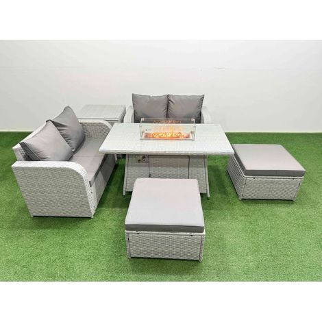 Fimous 6 Seater Outdoor Love Sofa Set Rattan Garden Furniture Set with Firepit Dining Table 2 Footstool Side Table Light Grey (1/4)