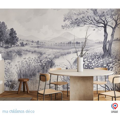 Papier peint : Arbre, fleurs et petit lac, Aquarelle - Intissé - L.300 x H.280 cm - Bleu pigeon (1/5)